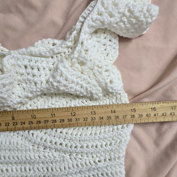 Women Crochet Off-Shoulder Crop Top M/L Cream Ruffle Corset Cottage Boho Peasant - Picture 7 of 8